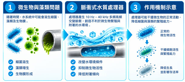 微生物與生物膜控制示意圖
